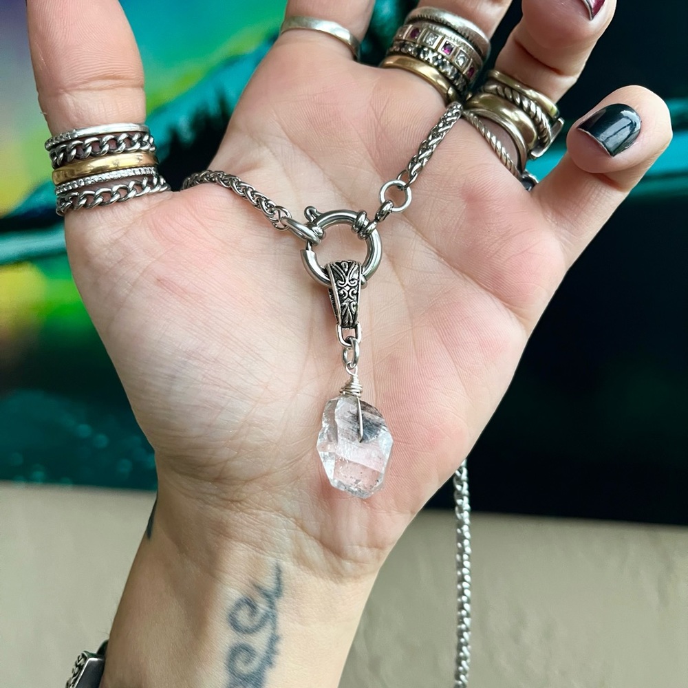 Genuine big herkimer diamond stainless steel wheat chain clasp in front necklace - Picture 14 of 15